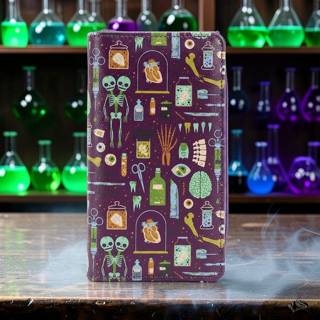 Halloween-Emporium purple vinyl wallet featuring a mad scientist print with skeletons, organs, and laboratory tools.