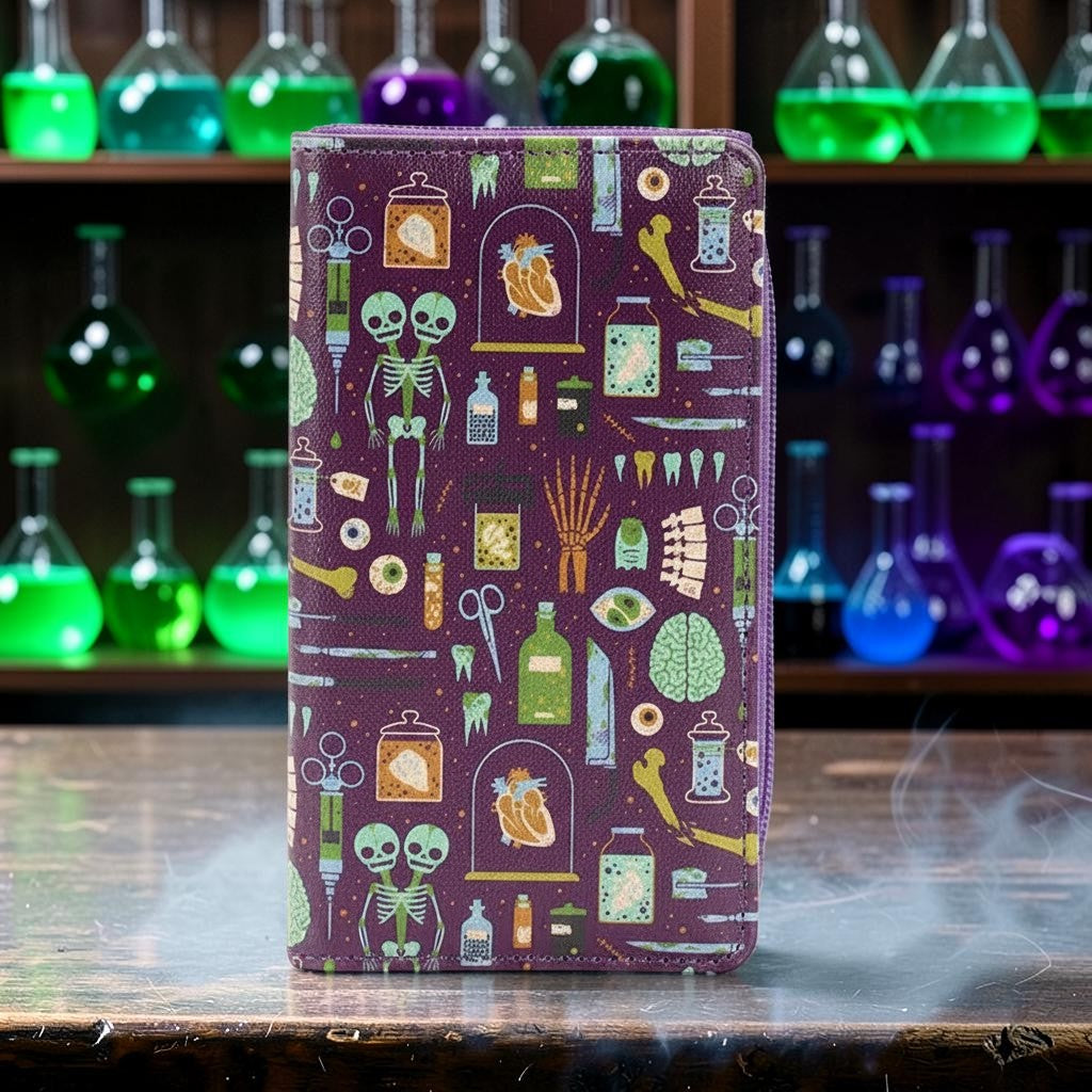 Halloween-Emporium purple vinyl wallet featuring a mad scientist oddities print with skeletons and lab equipment