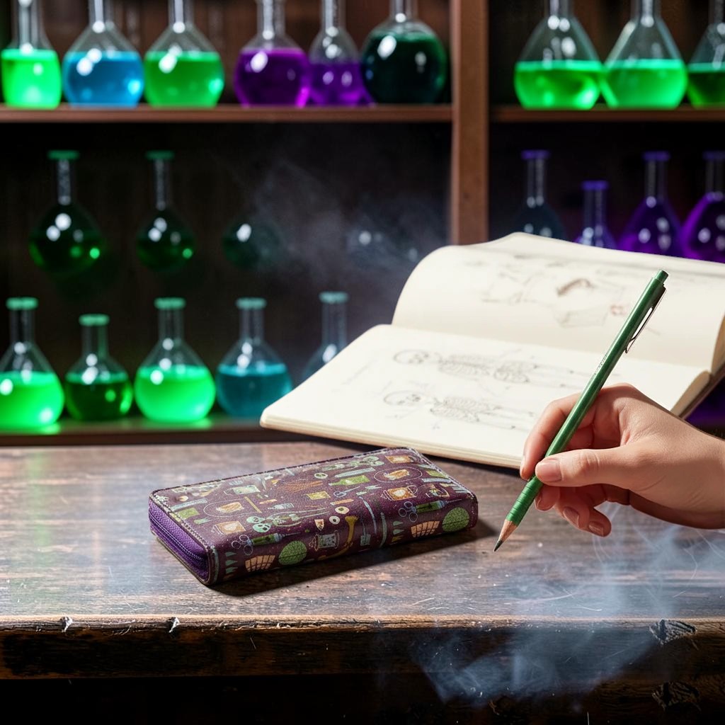 Halloween-Emporium Mad Scientist vinyl wallet with laboratory motifs on a wooden desk with beakers and a sketch book.
