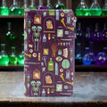 Halloween-Emporium purple vinyl wallet featuring a mad scientist print with skeletons, organs, and lab equipment.