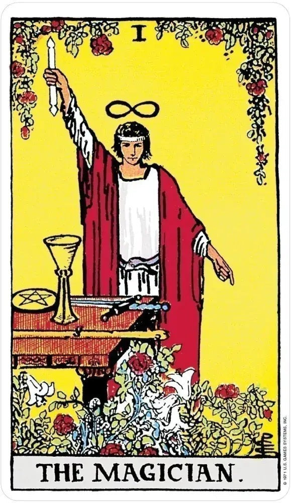 Halloween-Emporium Rider-Waite The Magician tarot card featuring a figure with a wand against a yellow background.