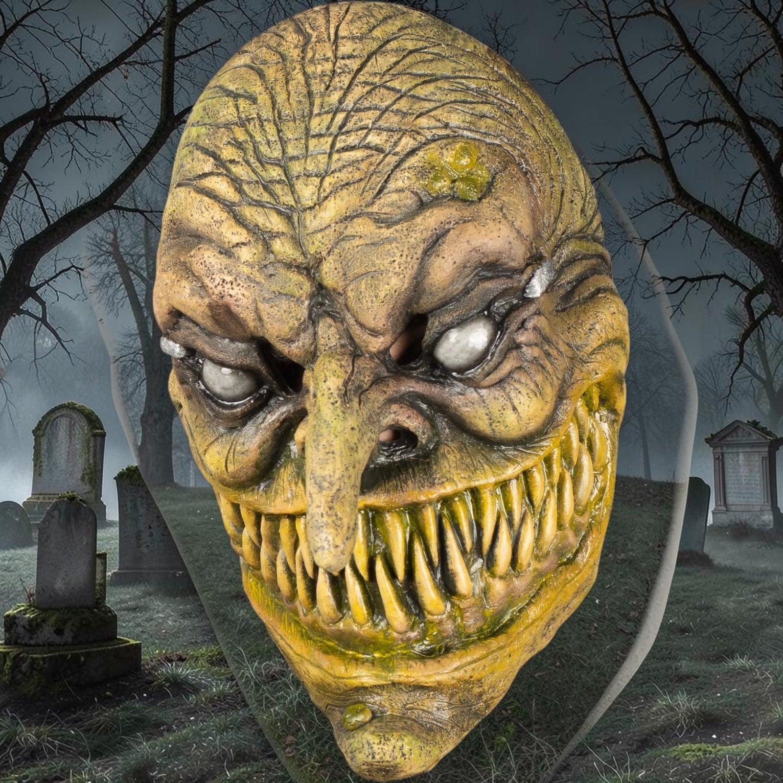 Halloween-Emporium hand-sculpted latex Majo horror mask with sharp teeth and textured green skin for cosplay