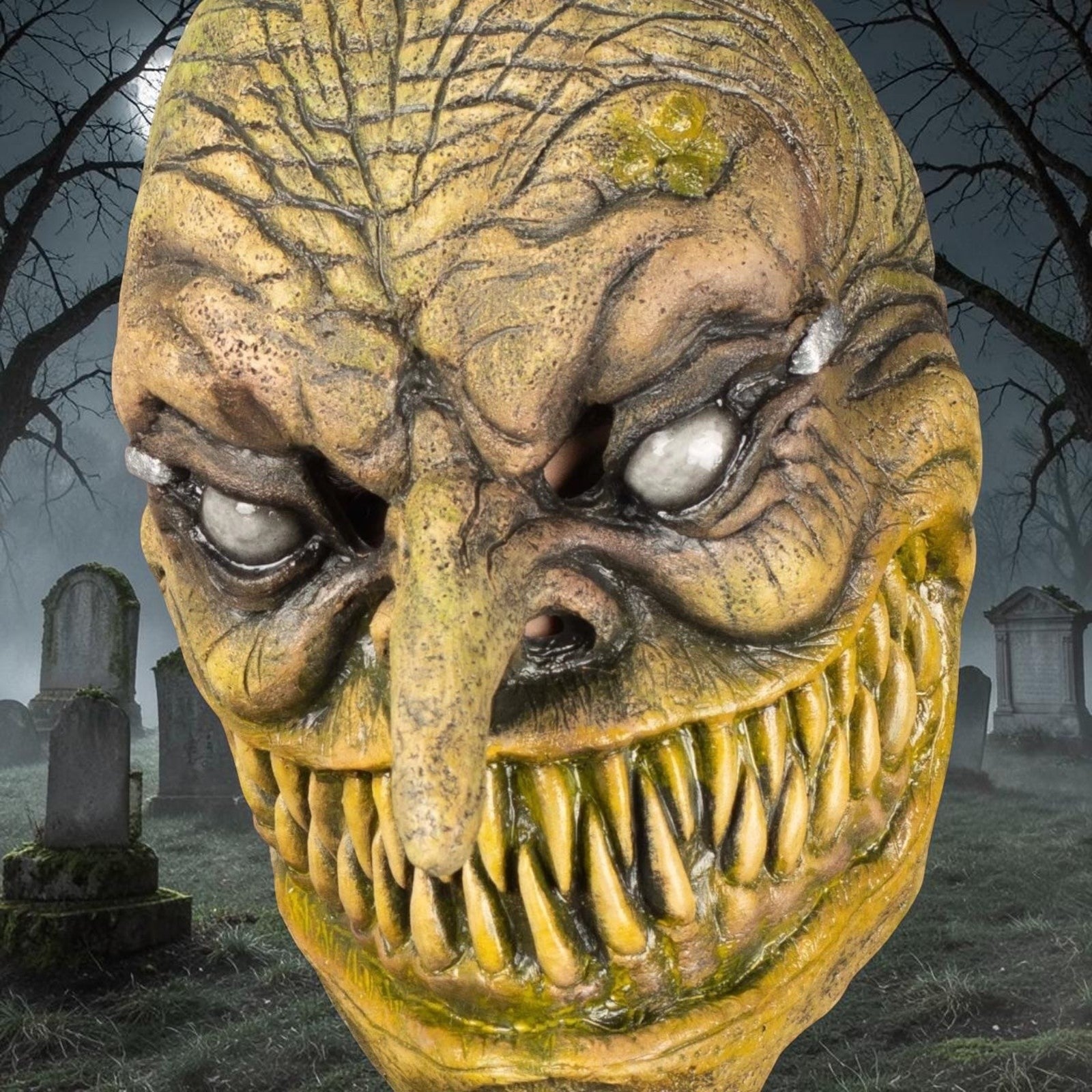 Halloween-Emporium Majo latex horror mask with detailed wrinkled skin, sharp teeth, and glowing eyes for cosplay.