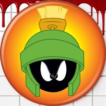 Halloween-Emporium 1.25-inch round button featuring Marvin the Martian from Looney Tunes on an orange background