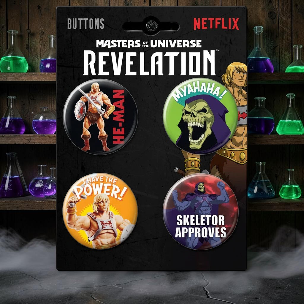 Halloween-Emporium Masters of the Universe Revelation 4-button set featuring He-Man and Skeletor designs.