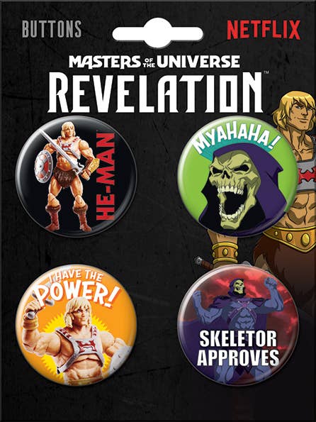 Halloween-Emporium Masters of the Universe Revelation 4-button set featuring He-Man and Skeletor character designs.