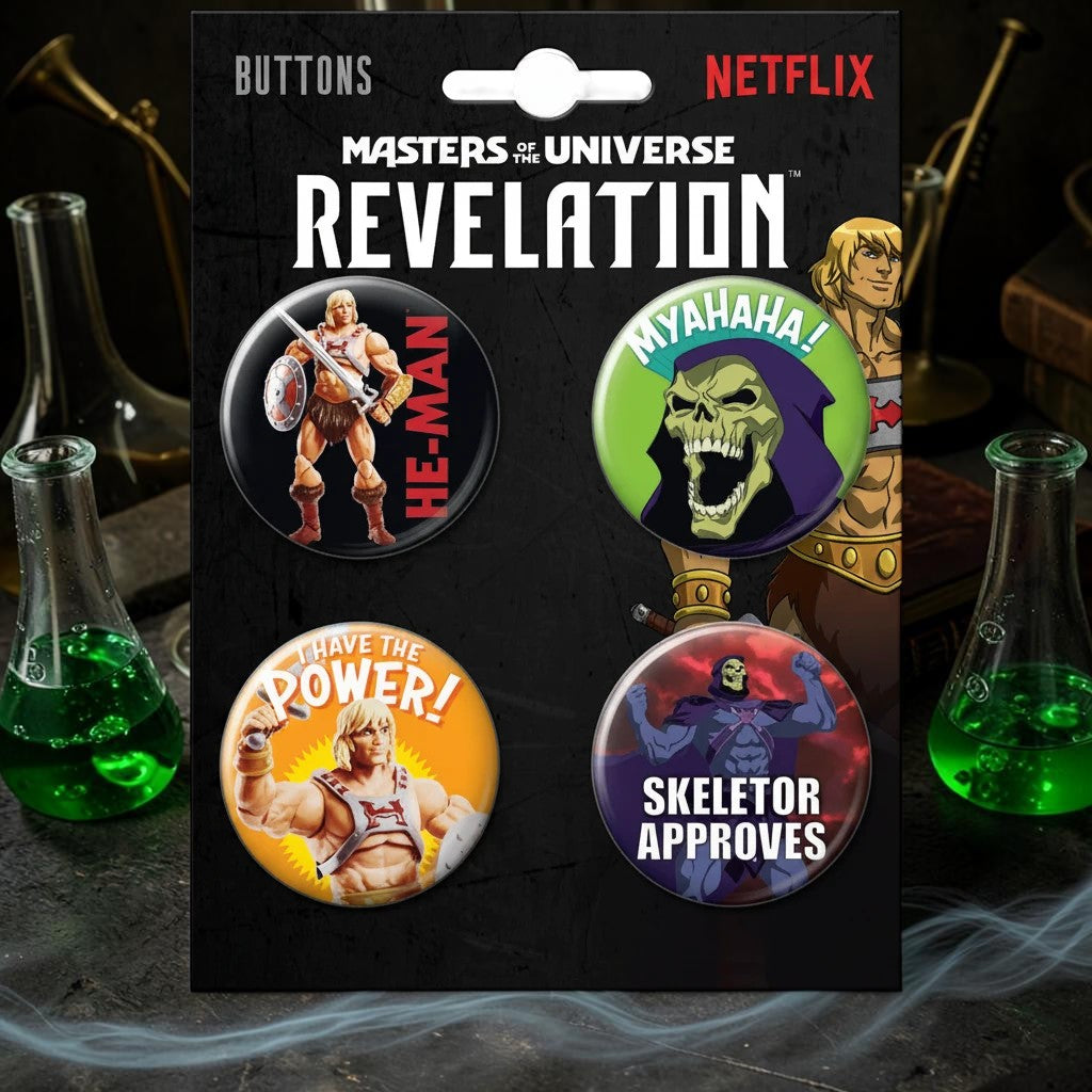 Halloween-Emporium Masters of the Universe 4-button set featuring He-Man and Skeletor designs on a display card.