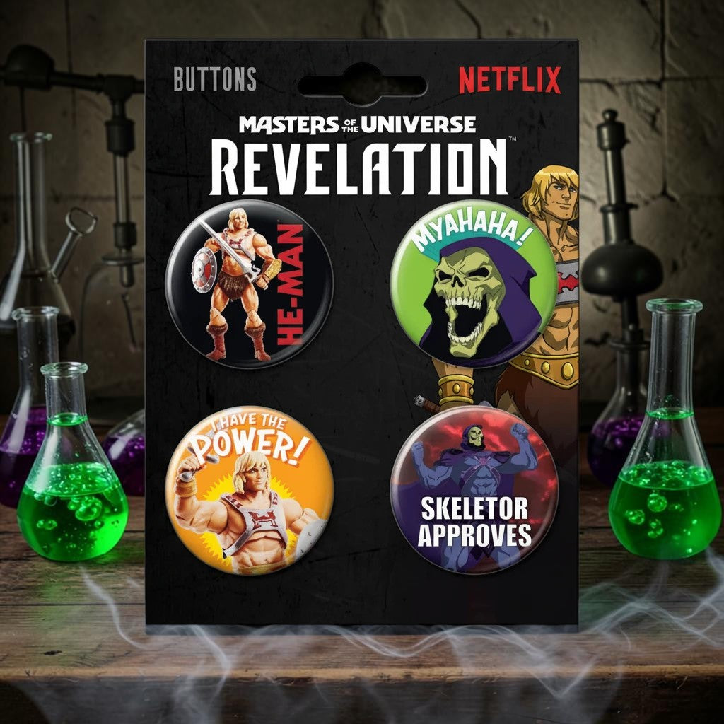 Halloween-Emporium Masters of the Universe Revelation 4-button set featuring He-Man and Skeletor character designs.