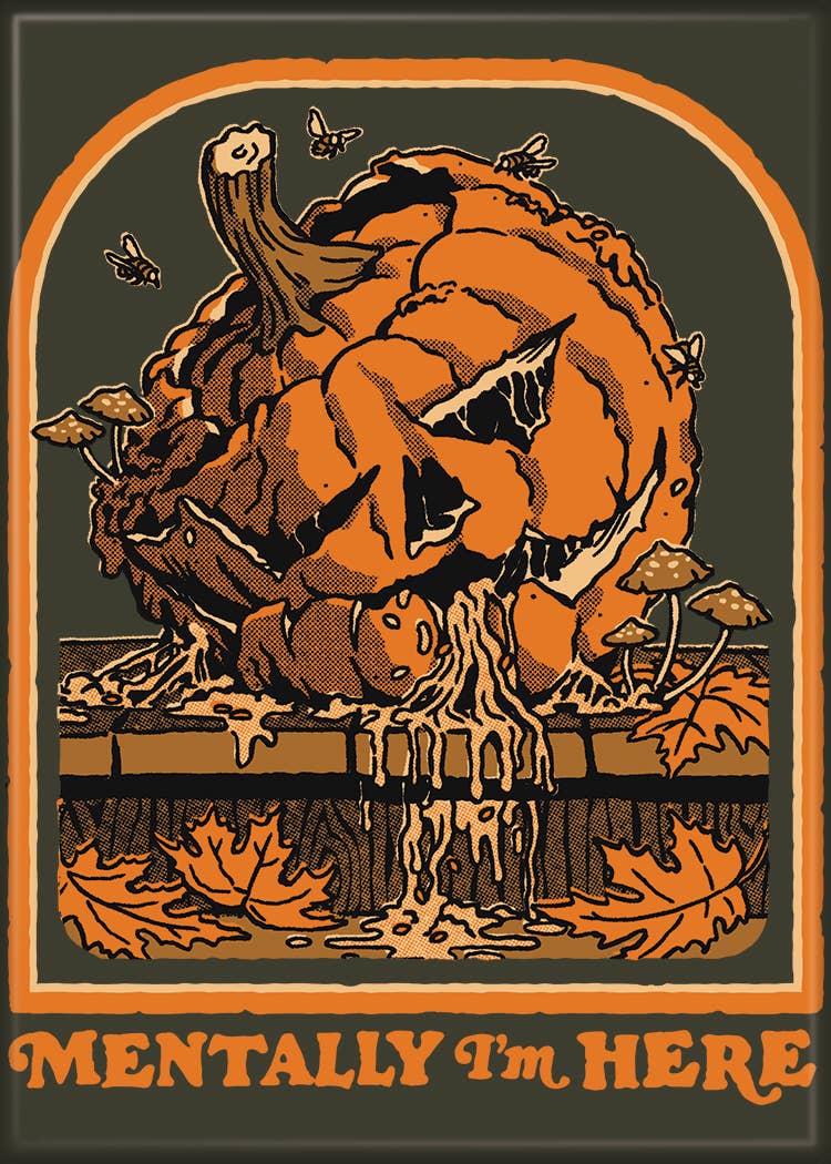 Halloween-Emporium vintage-style art print featuring a decaying pumpkin, autumn leaves, and insects with retro text.