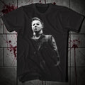 Halloween-Emporium black cotton t-shirt featuring a detailed black-and-white Michael Myers graphic from Halloween.