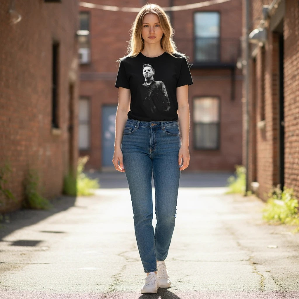 Halloween-Emporium black cotton t-shirt with Michael Myers graphic worn by a woman in a city alleyway.