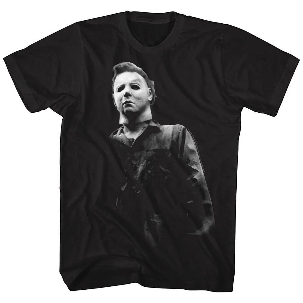 Halloween-Emporium black cotton t-shirt featuring a detailed Michael Myers slasher graphic from the Halloween franchise.
