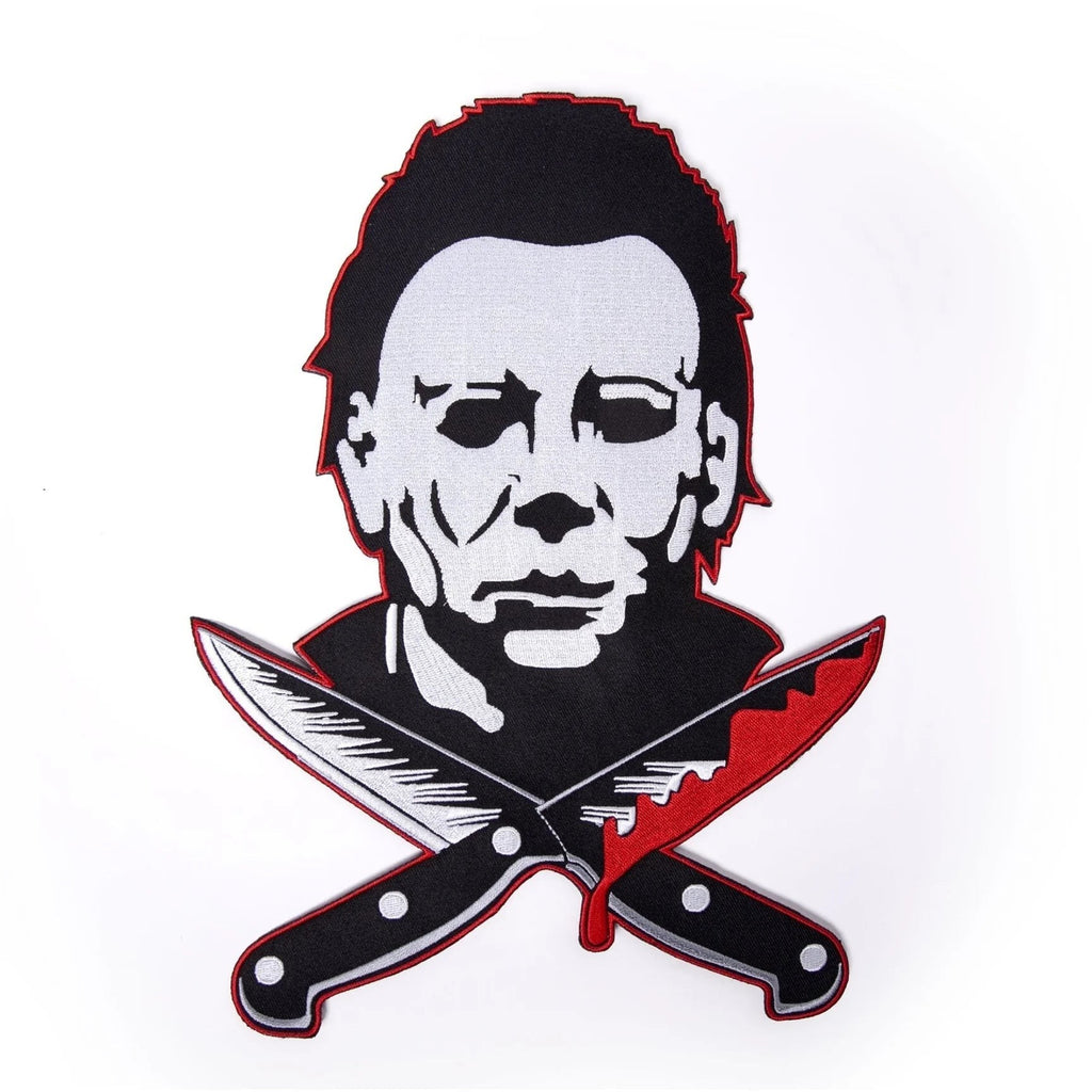 Halloween-Emporium oversized Michael Myers embroidered patch with crossed bloody knives on a white background