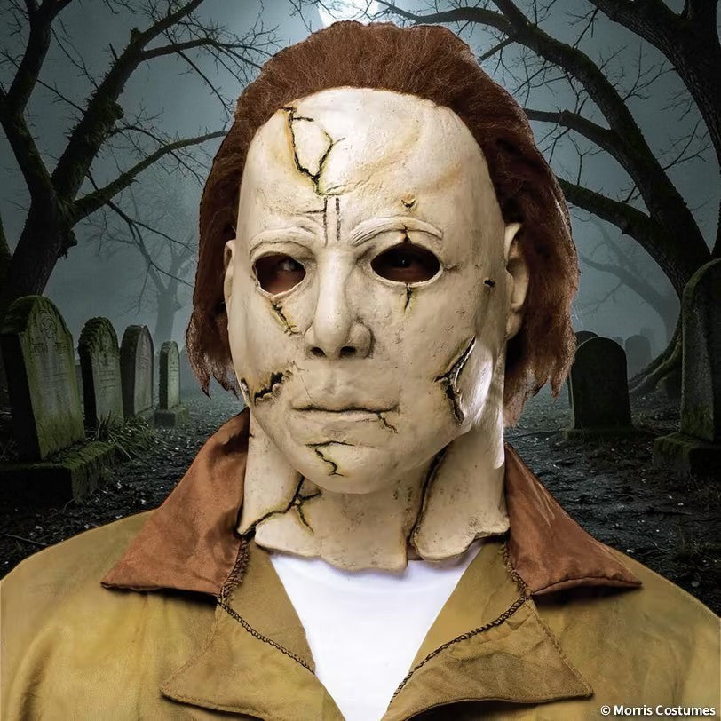 Halloween-Emporium adult Michael Myers mask with distressed cracked latex finish and brown synthetic hair