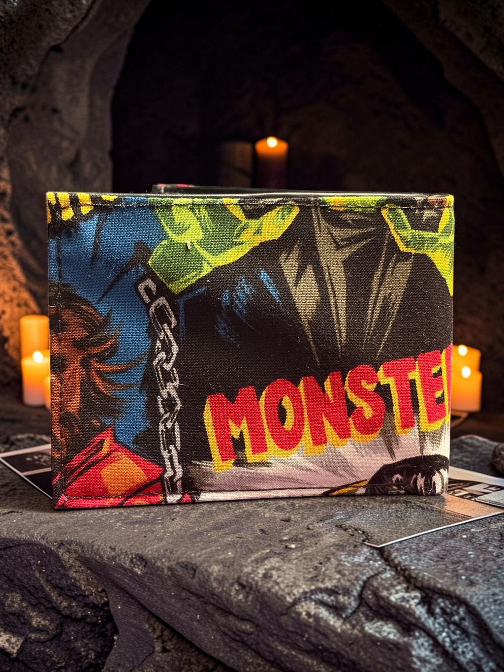Halloween-Emporium hand crafted wallet featuring a colorful vintage monster comic book print on durable fabric