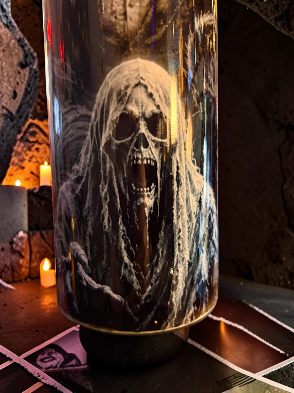 Halloween-Emporium Classic Monster Tumbler featuring a detailed black and white grim reaper print on a sleek surface.