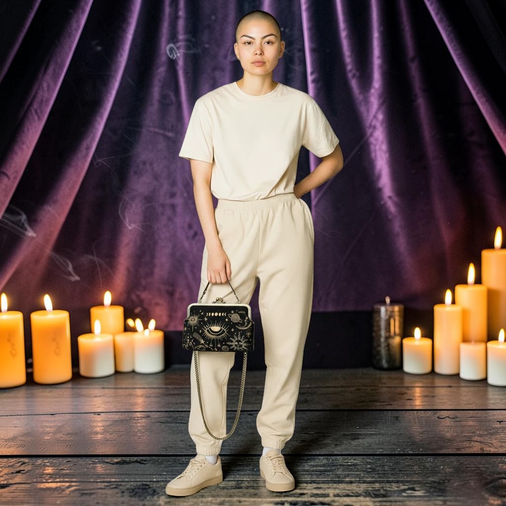 Halloween-Emporium Moon Phase Kisslock Handbag with gold celestial embroidery, held by a model in a mystical setting.
