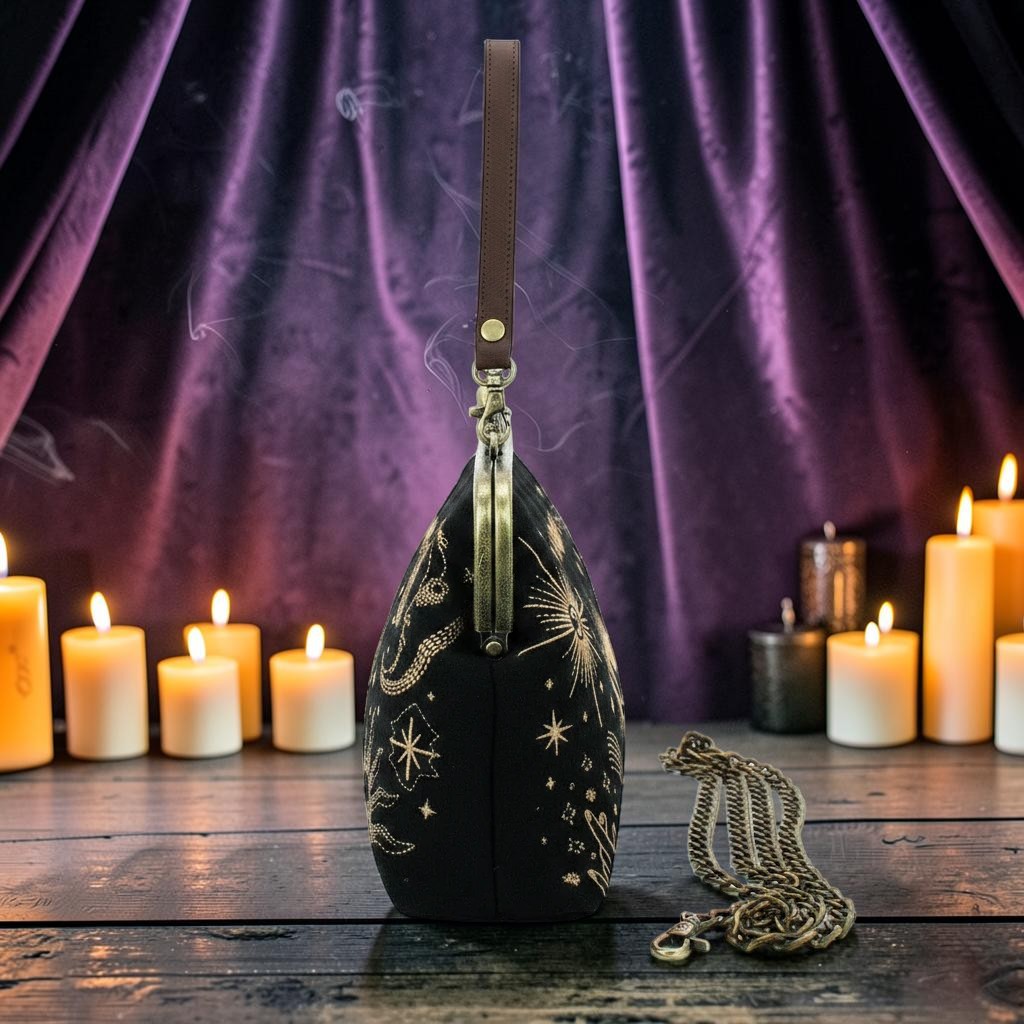 Halloween-Emporium Moon Phase Kisslock Handbag with gold celestial embroidery, wrist strap, and chain on dark table.