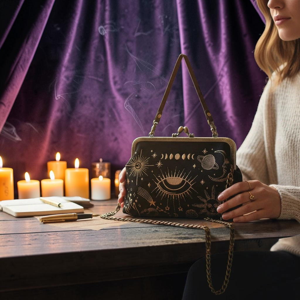Halloween-Emporium Moon Phase Kisslock Handbag with gold celestial embroidery on black fabric, held by a woman.