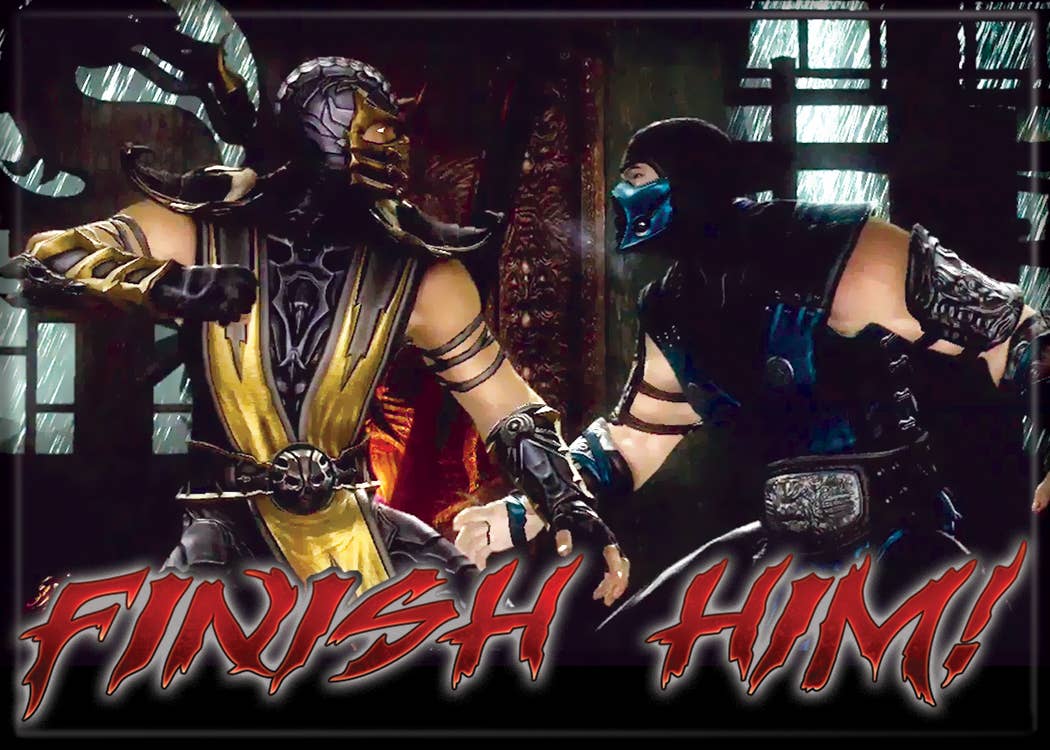 Halloween-Emporium Mortal Kombat Scorpion and Sub-Zero Finish Him rectangular magnet with dynamic character art.