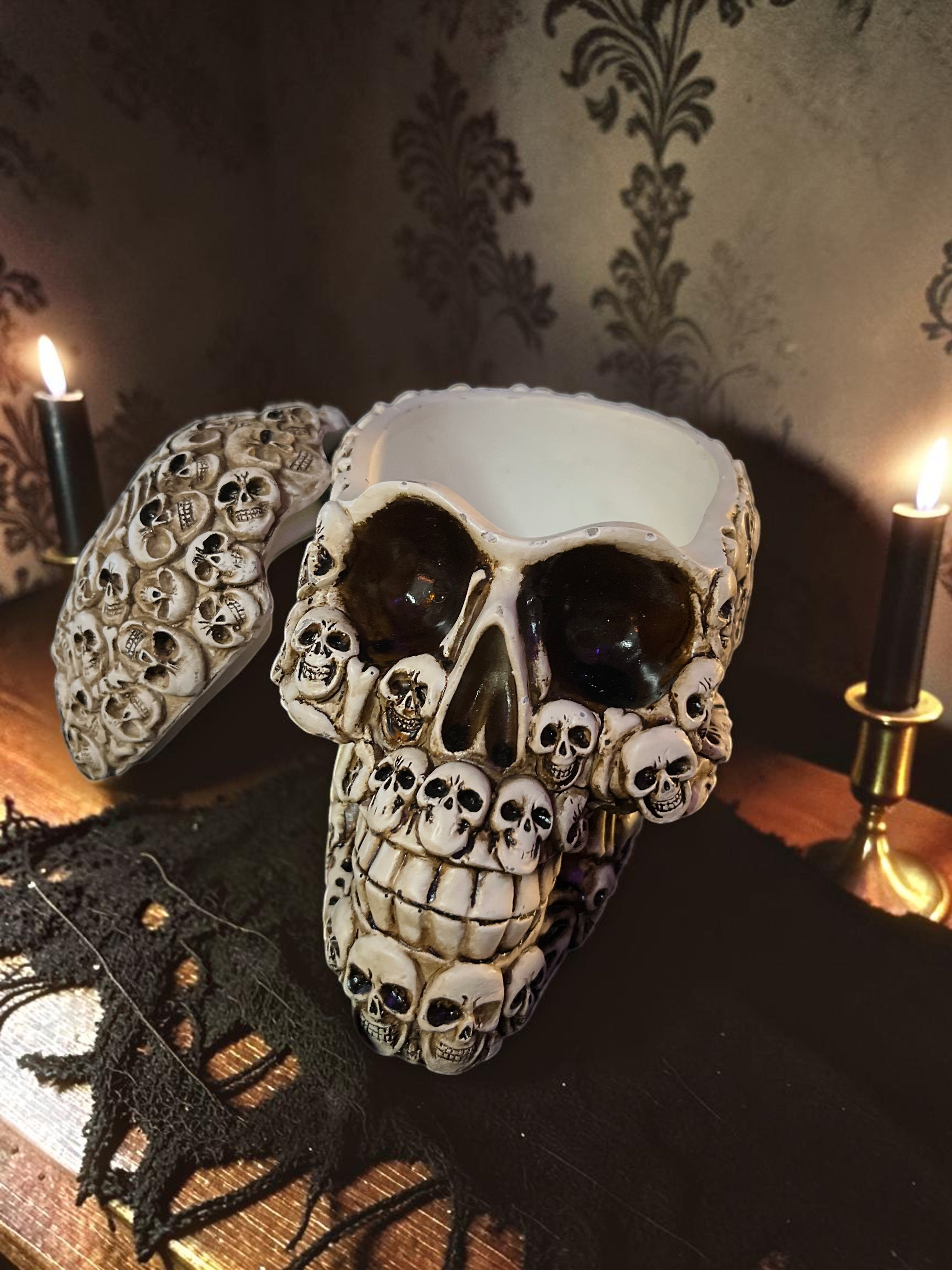 Halloween-Emporium decorative skull container with mosaic skull texture and removable lid for gothic home decor