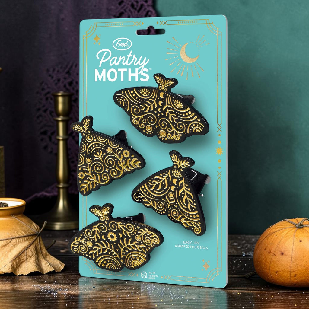 Halloween-Emporium Pantry Moths celestial bag clips featuring black and gold moth designs on a gift-ready card.