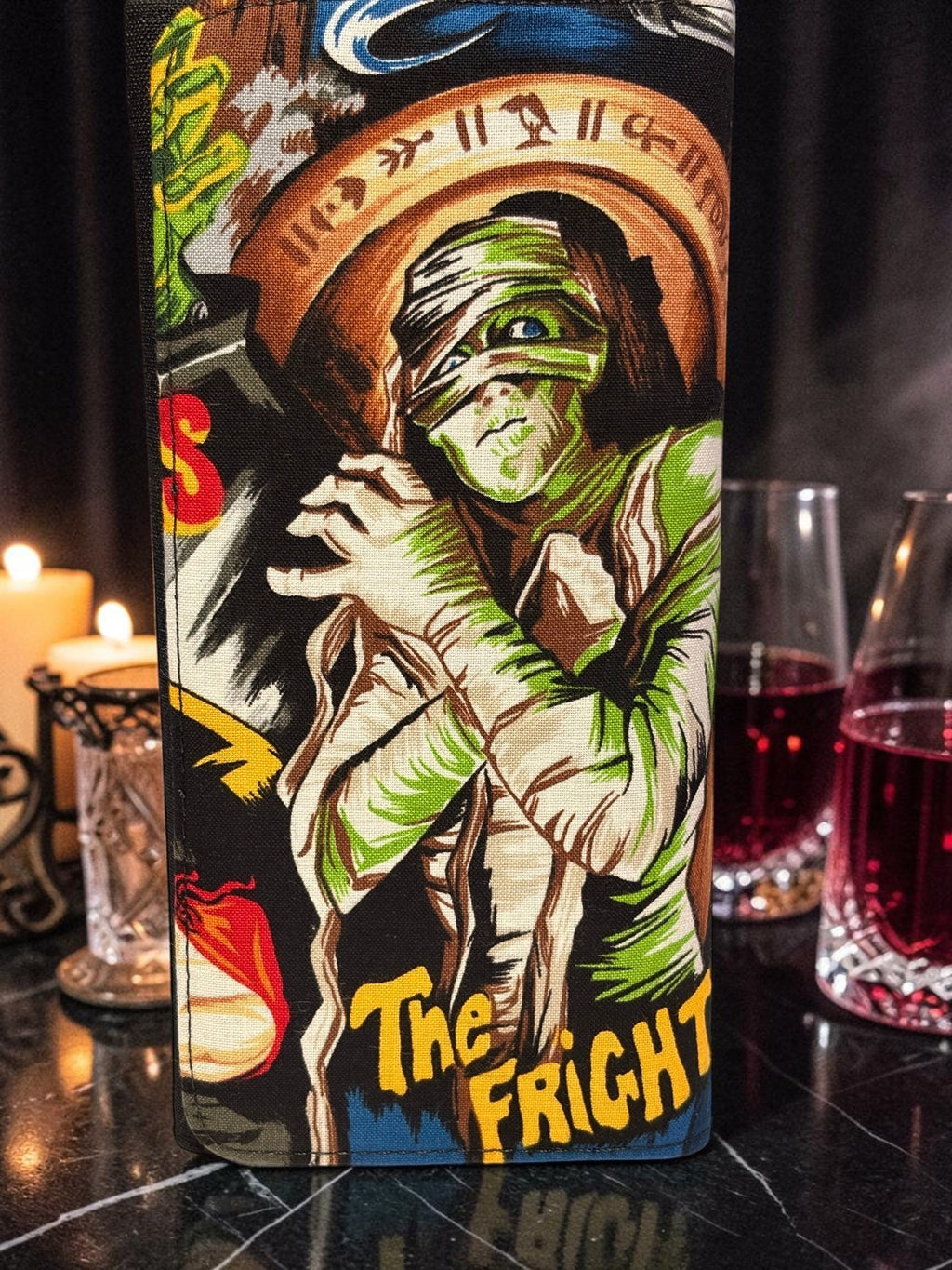 Halloween-Emporium Mummy Clutch Wallet featuring vintage horror monster art with green bandages on a black background