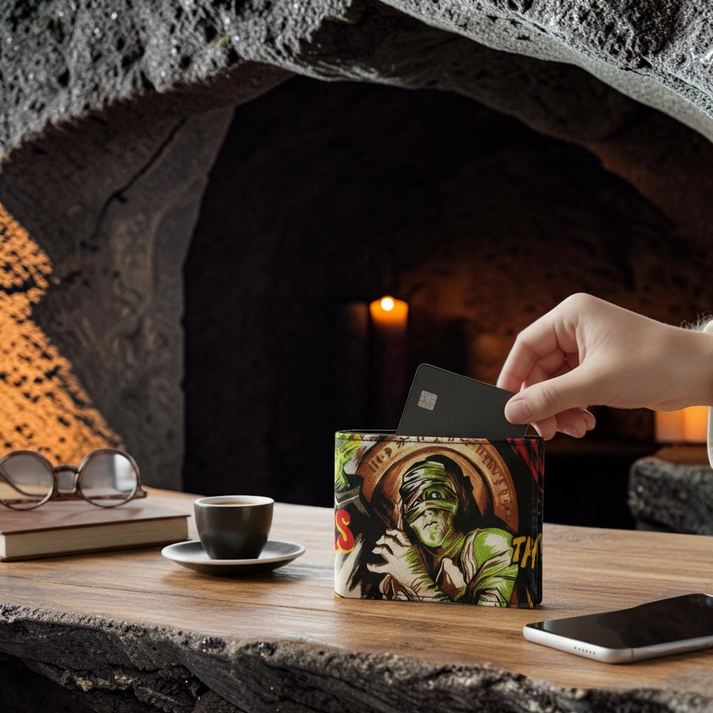 Halloween-Emporium hand crafted mummy wallet with vibrant comic book style monster art on a wooden table