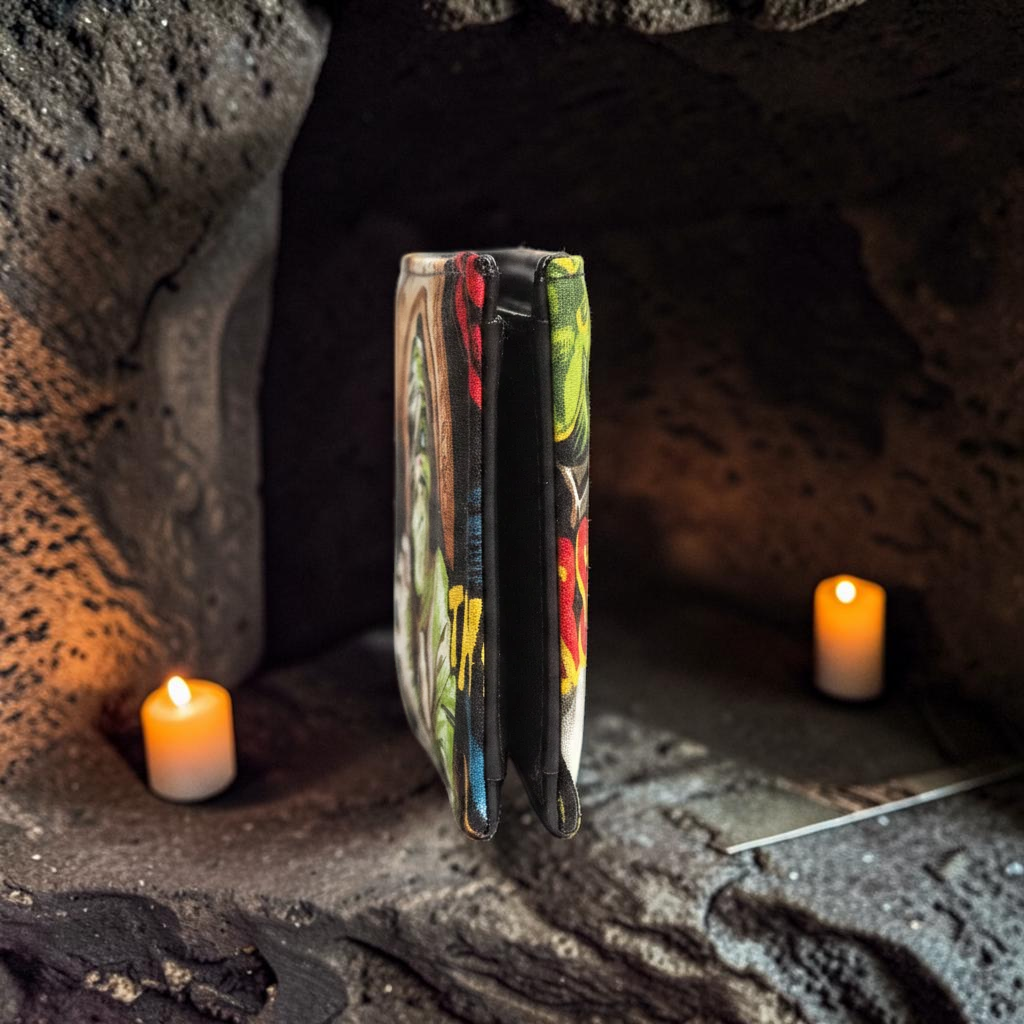 Halloween-Emporium hand crafted mummy wallet with colorful graphic print, displayed between two lit candles.