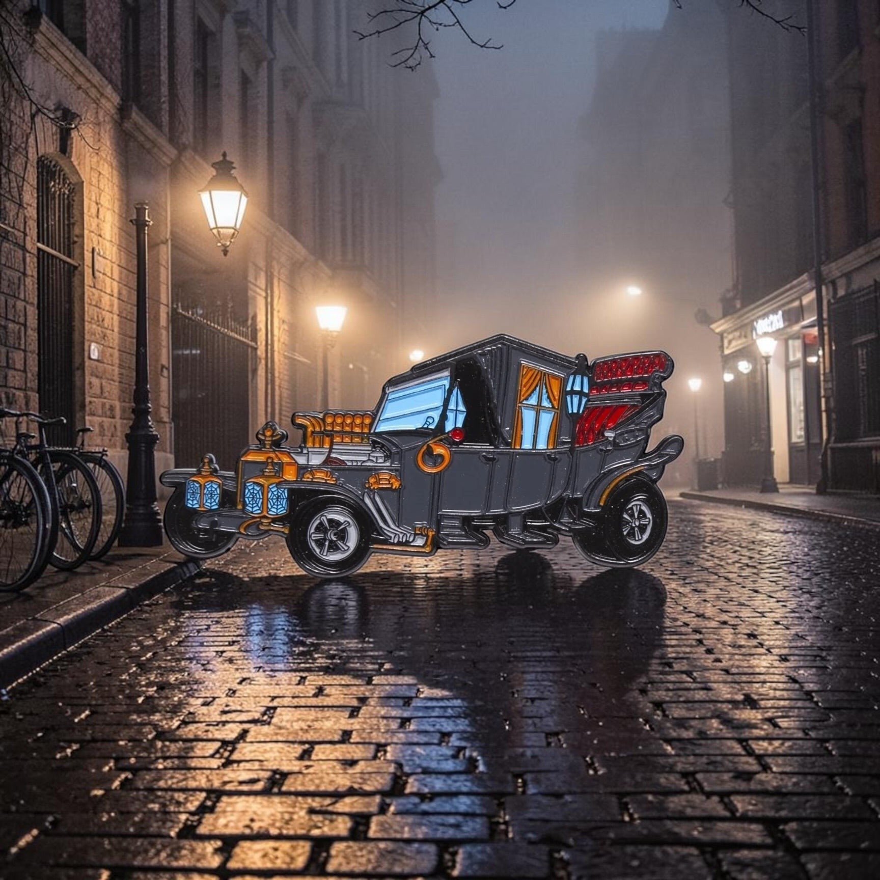 Halloween-Emporium The Munsters Munster Koach enamel pin featuring a detailed hearse hot rod design.