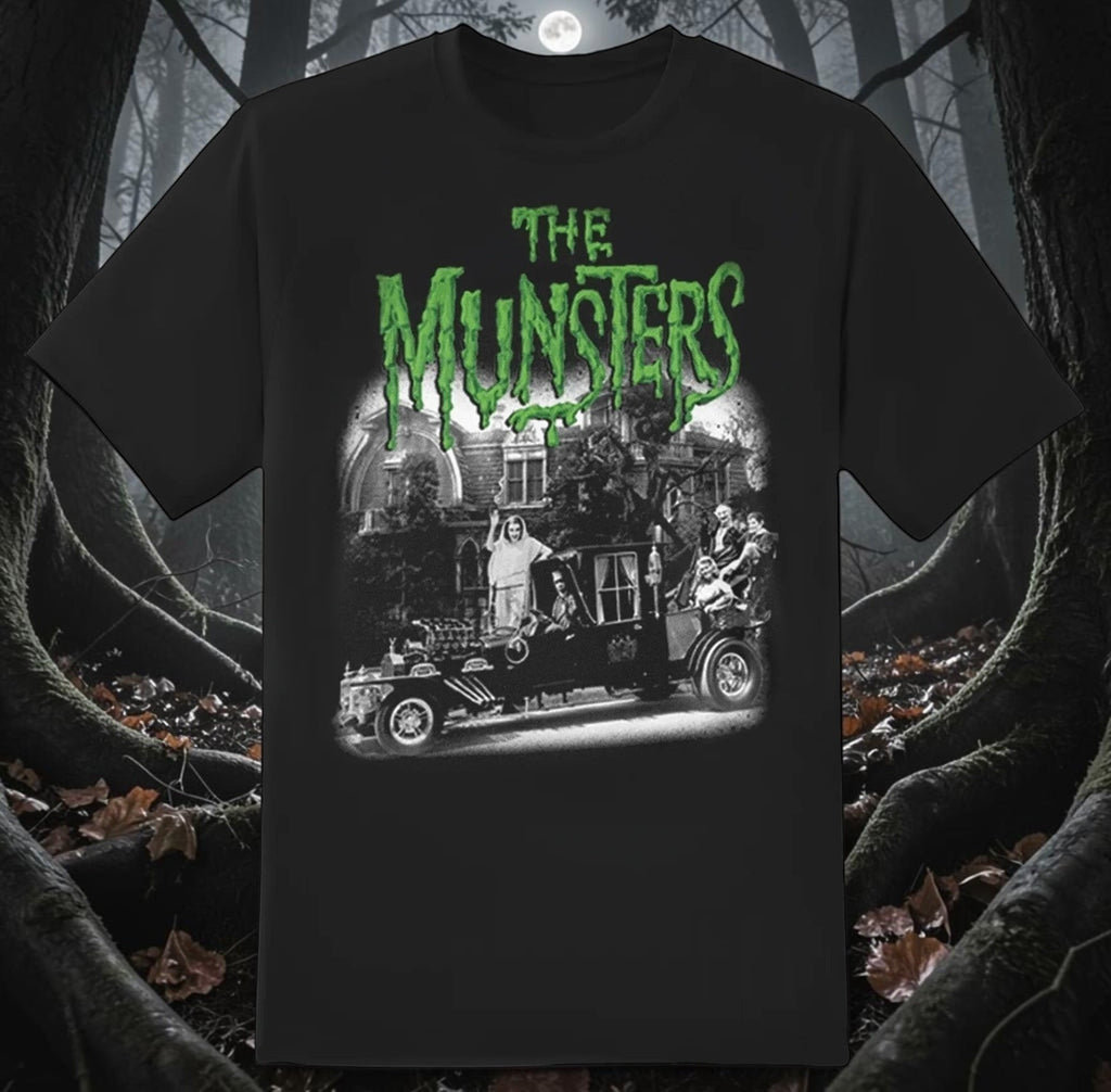Halloween-Emporium black cotton crewneck t-shirt featuring a Munsters graphic with the Munster Koach and mansion.