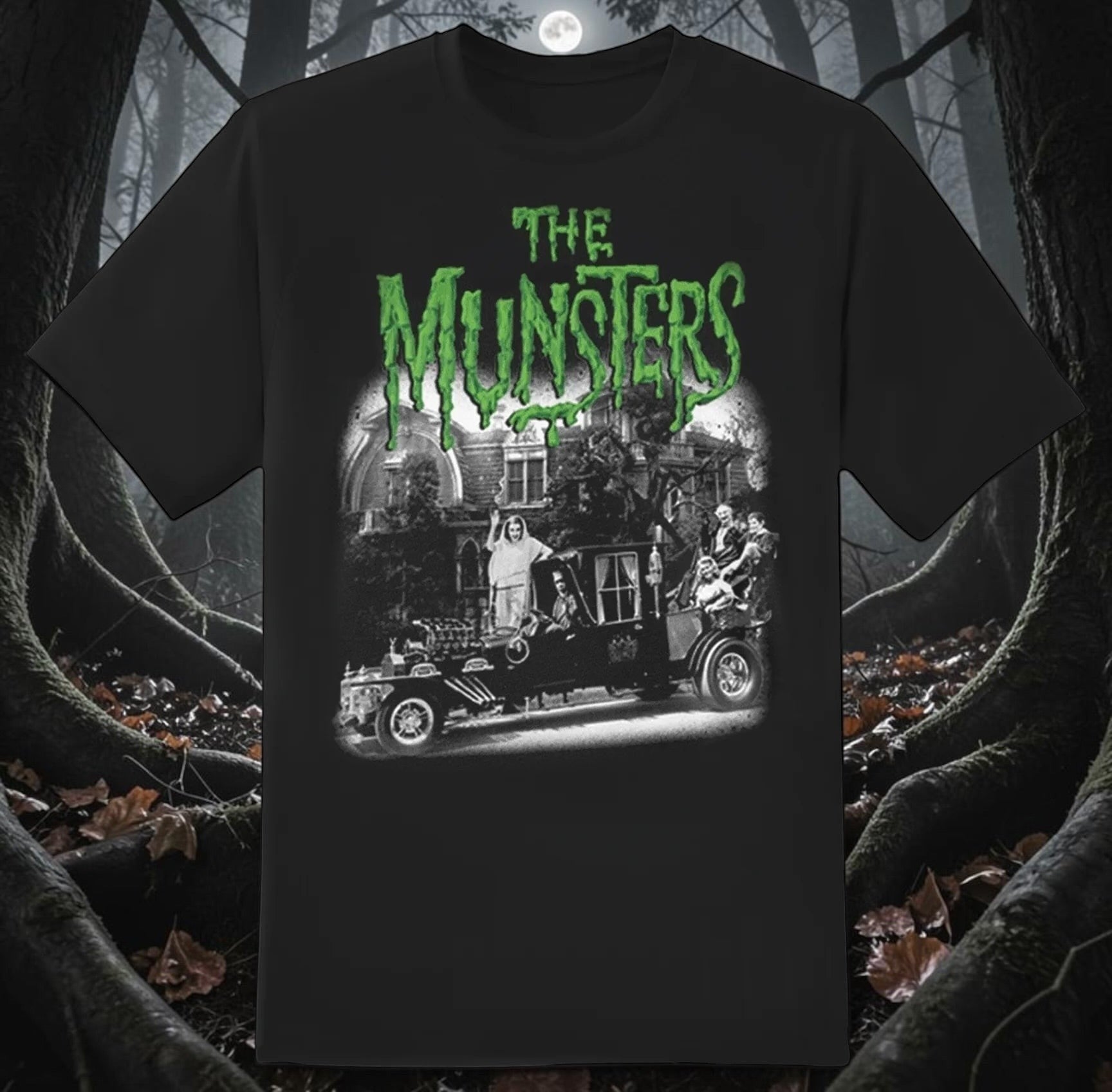 Halloween-Emporium black cotton crewneck t-shirt featuring a Munsters graphic with the Munster Koach and mansion.