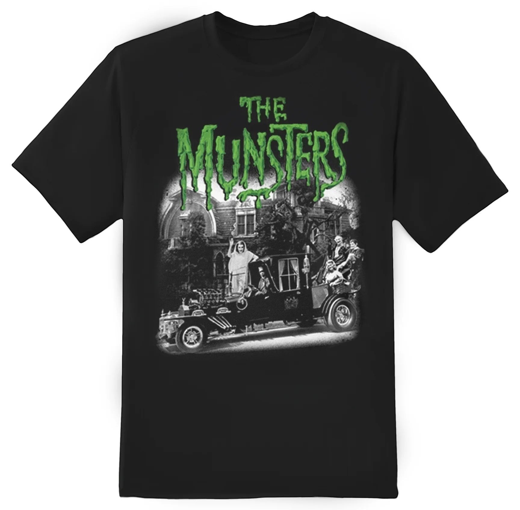 Halloween-Emporium black cotton t-shirt featuring The Munsters family in their iconic coach with green logo graphic.