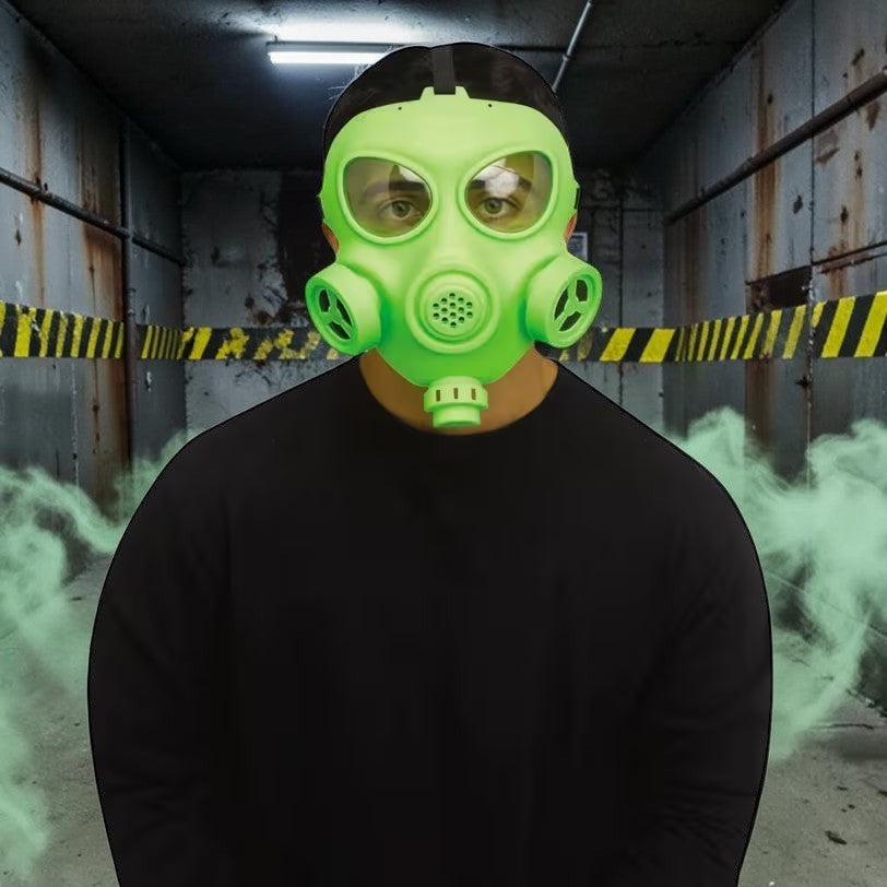Halloween-Emporium neon green full face gas mask costume accessory worn by a person in a dark industrial setting