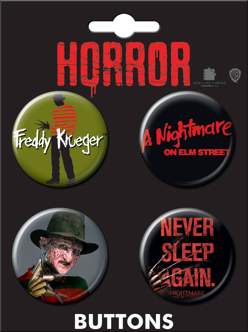 Halloween-Emporium Nightmare on Elm Street button set featuring four iconic Freddy Krueger horror movie pins.
