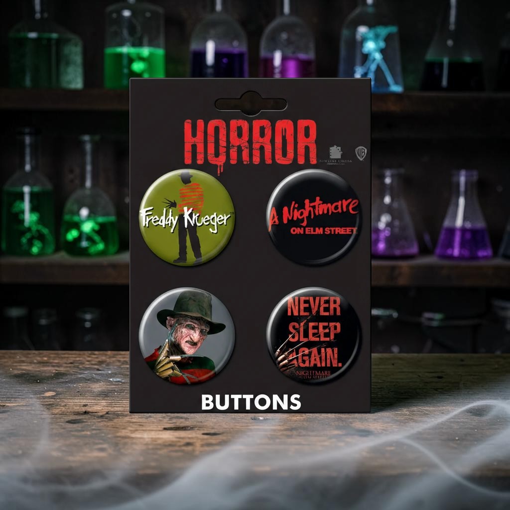 Halloween-Emporium Nightmare on Elm Street button set featuring four iconic Freddy Krueger horror movie pin designs.