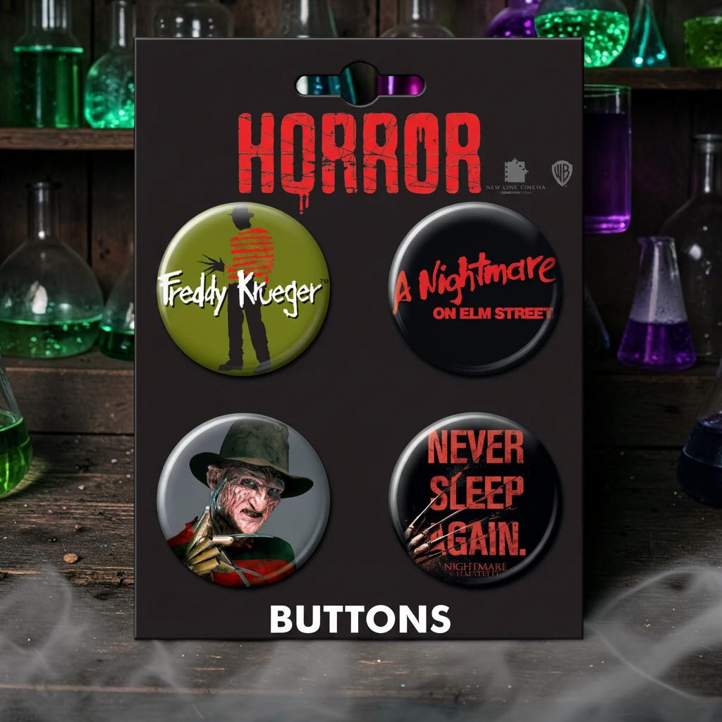 Halloween-Emporium Nightmare on Elm Street button set featuring four horror-themed pins with Freddy Krueger designs.