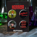 Halloween-Emporium Nightmare on Elm Street button set featuring four iconic Freddy Krueger horror movie pins