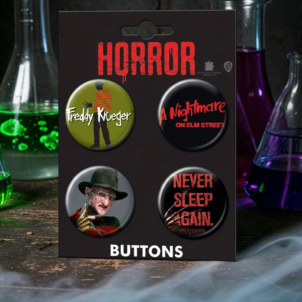 Halloween-Emporium Nightmare on Elm Street button set featuring four iconic Freddy Krueger horror movie pins