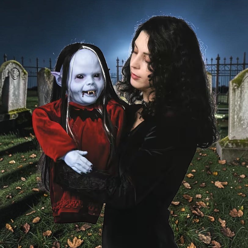 Halloween-Emporium Nocturna vampire puppet with pale latex skin and burgundy velvet gown held by a woman in a graveyard
