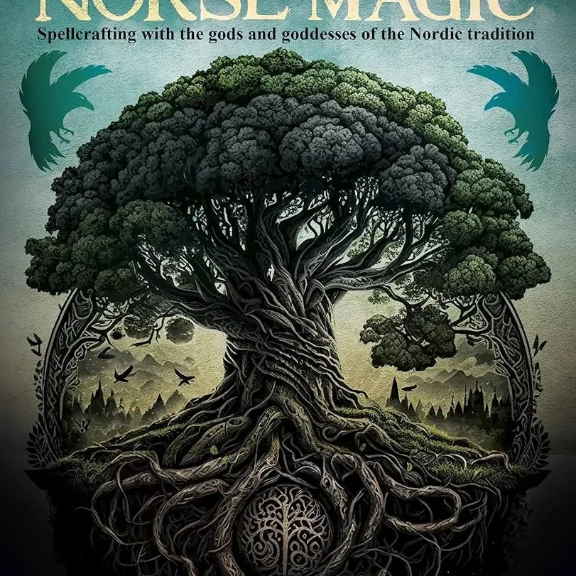 Halloween-Emporium Norse Magic hardback book cover featuring a detailed Yggdrasil tree illustration with ravens.
