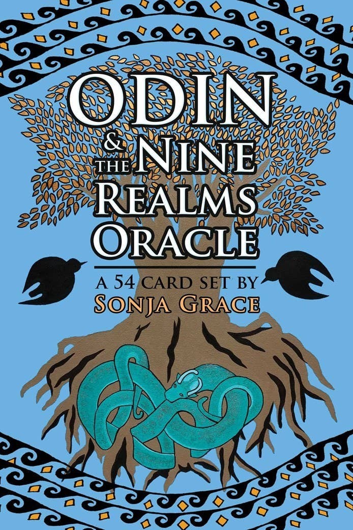 Halloween-Emporium Odin And The Nine Realms Oracle card deck box featuring Yggdrasil tree and Norse serpent art