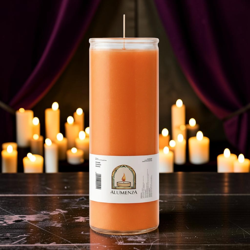 Halloween-Emporium 7 day orange pillar candle in a clear glass jar, 2 by 8 inches tall.
