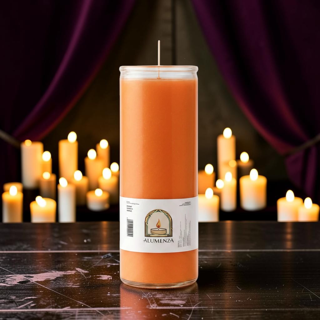 Halloween-Emporium 7 day orange pillar candle in a clear glass jar, 2 by 8 inches tall.