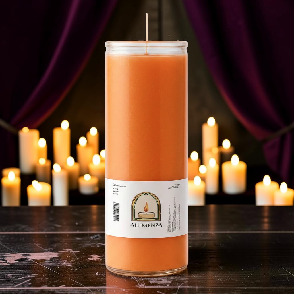 Halloween-Emporium 7 day orange pillar candle in a tall glass jar, 2 by 8 inches, perfect for ritual or decor.