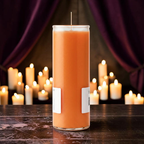 Halloween-Emporium 7 day orange pillar candle in a clear glass jar, 2 by 8 inches tall.