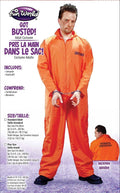 Halloween-Emporium adult prisoner jumpsuit costume in orange with handcuffs, featuring chest ID and back print.