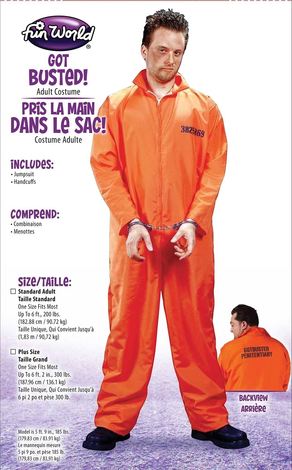 Halloween-Emporium adult prisoner jumpsuit costume in orange with handcuffs, featuring chest ID and back print.