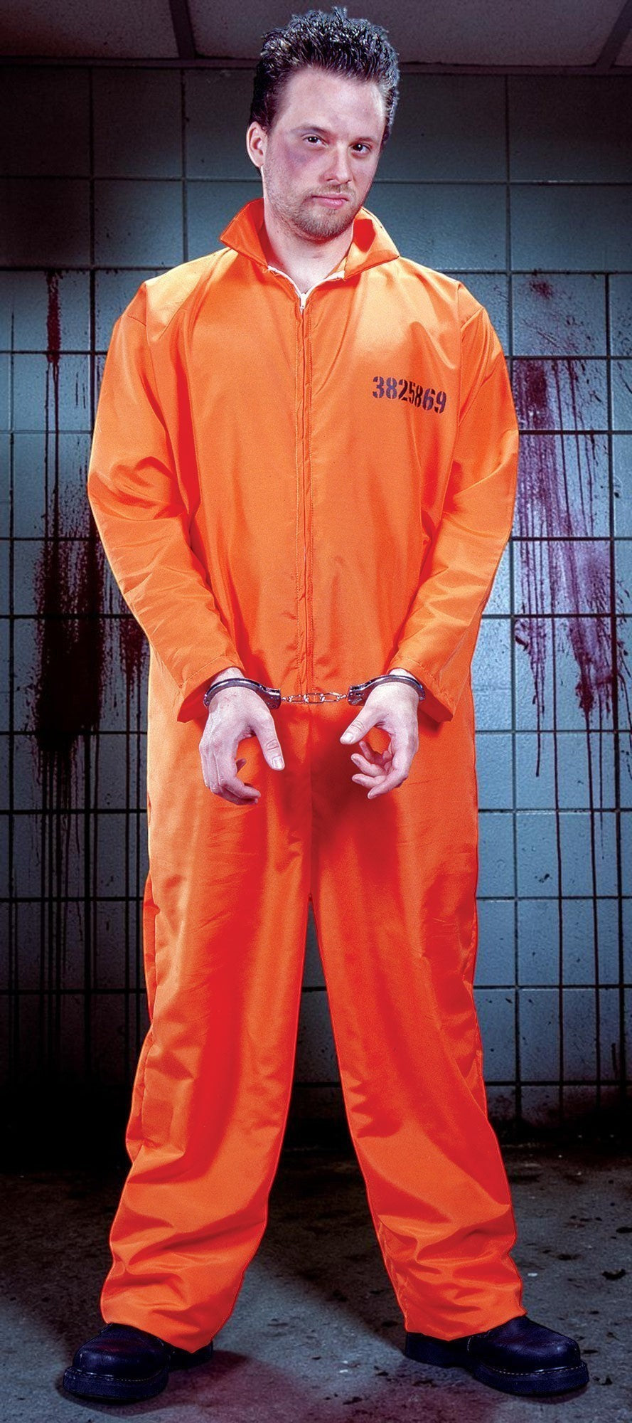 Halloween-Emporium adult prisoner jumpsuit in bright orange with chest ID number and included metal handcuffs