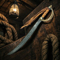 Halloween-Emporium ornate pirate captain cutlass sword prop with engraved blade, curved guard, and leather streamers.